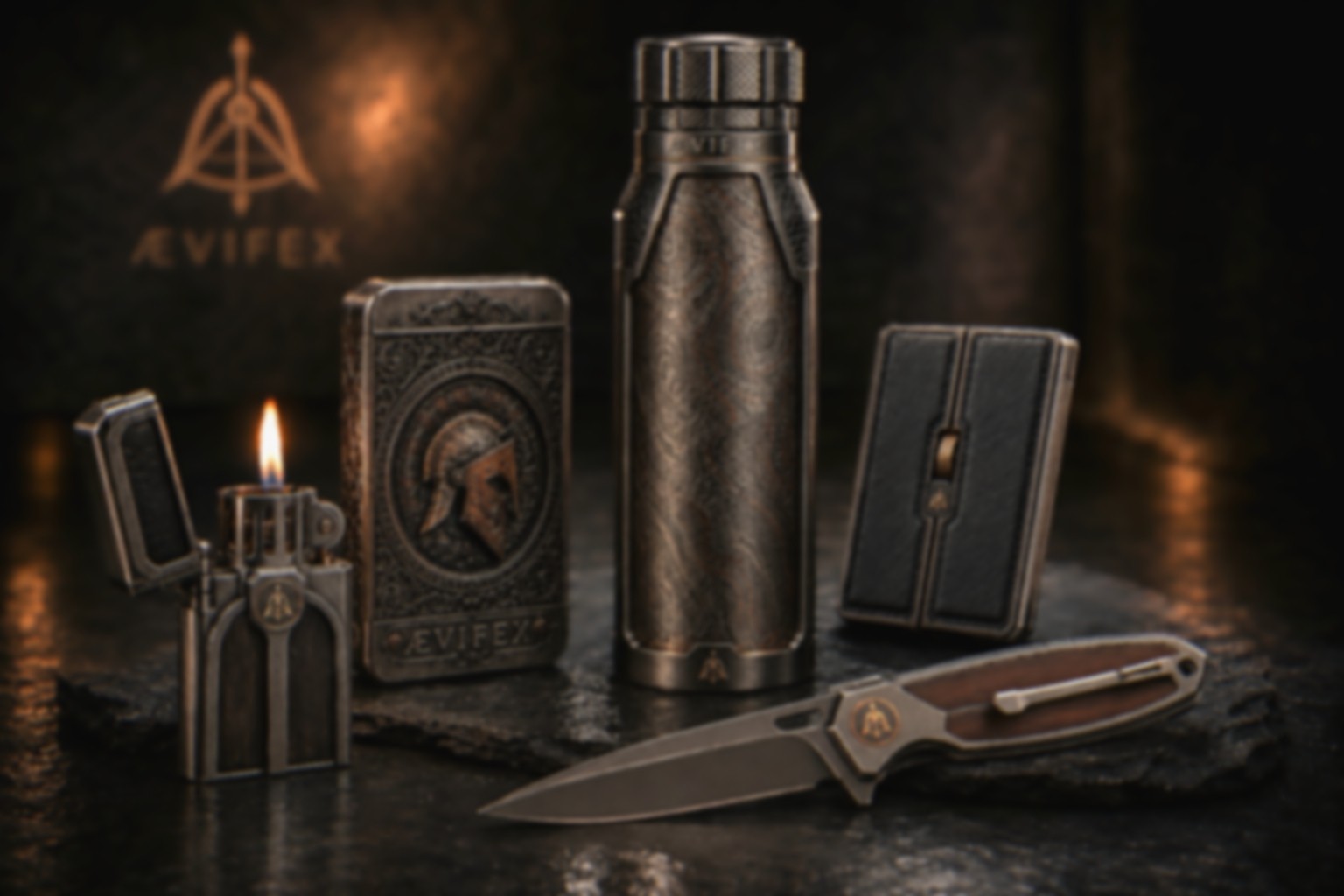 ÆVIFEX bronze instruments collection with vessel, lighter, cases, and folding knife